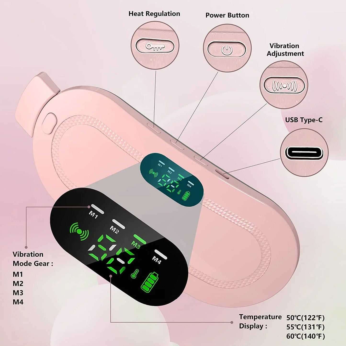 Heating belt with adjustable warmth and vibration settings button