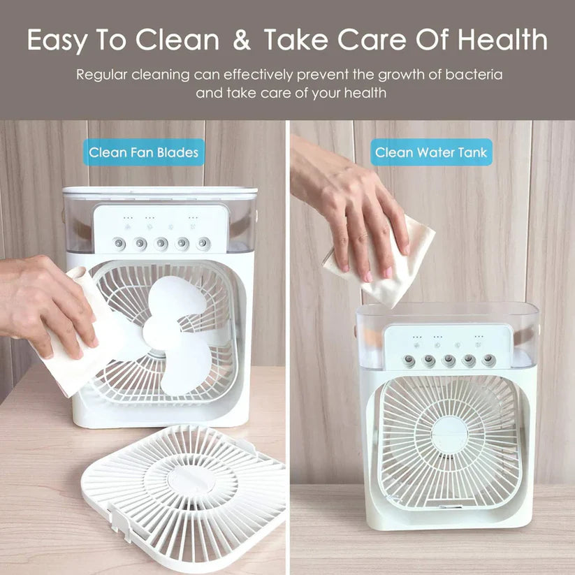Adding water and ice cubes into personal air cooler humidifier